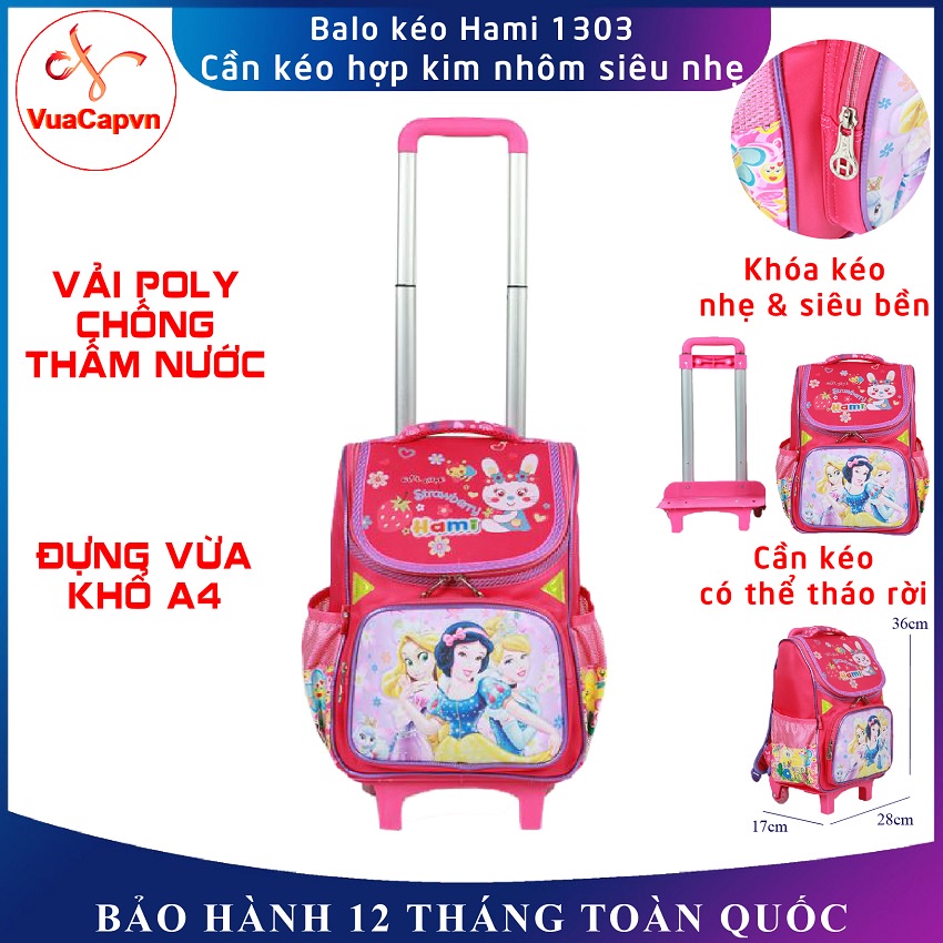 Balo kéo cho bé đi học Hami 1303 Công chúa, balo học sinh cho bé gái, hàng chính hãng