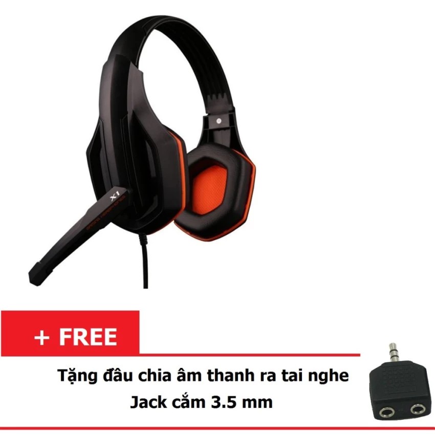 Tai nghe chụp tai kèm mic Ovann X1 (Đen viền cam) + Tặng đầu chia âm thanh 2 lỗ Jack 3.5 mm