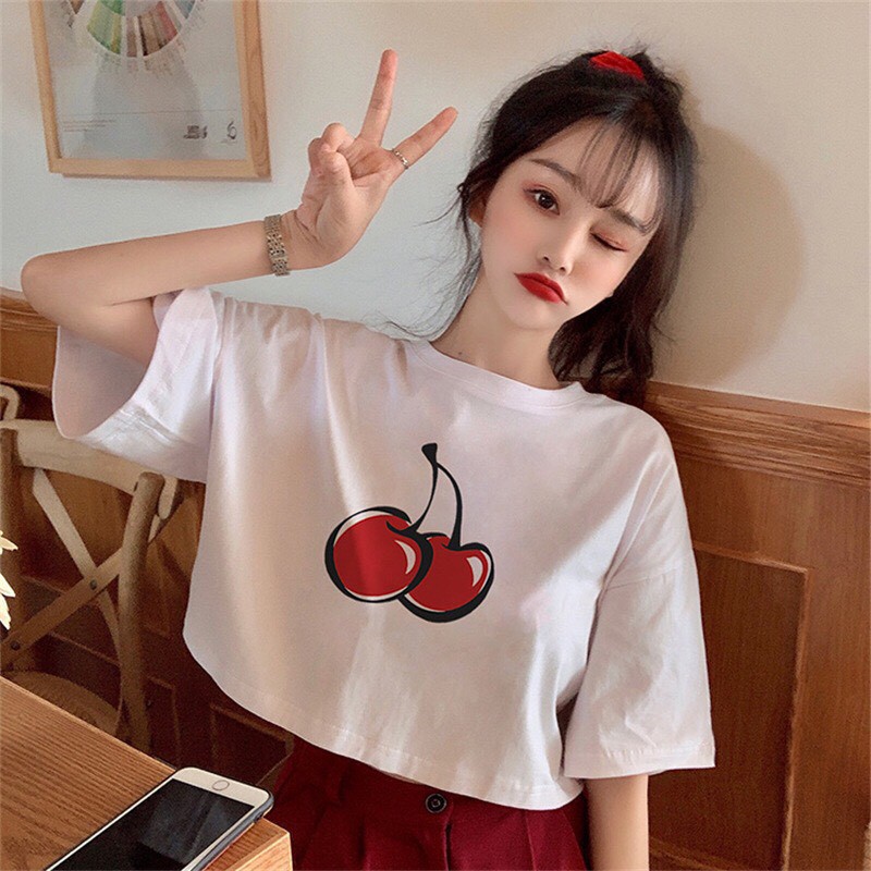 [Mã FAMAYWA2 giảm 10K đơn 50K] Áo Croptop Nữ / Áo Croptop Tay Lỡ Cherry / Áo Croptop Kiểu Form Rộng ACR01