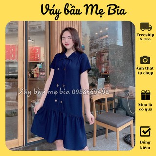 Váy bầu thiết kế - Đầm Bầu XANH THAN 2 HÀNG CÚC MB 128- ảnh thật