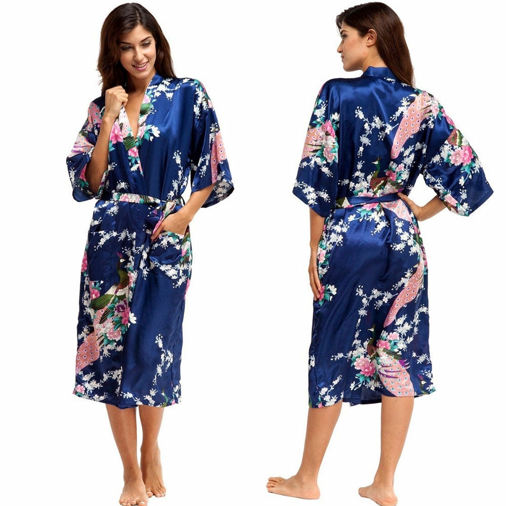 Áo choàng ngủ kimono vải lụa satin in họa tiết hoa và chim công thời trang phối dây thắt lưng