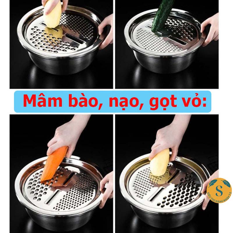 Bộ Thau Rổ Bào Rau Củ Inox Không Rỉ 3 Món (Thau + Rổ + Mặt Bào) [RỔ 3]