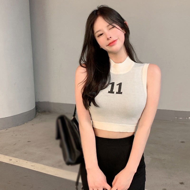 Áo Croptop Dệt Kim Sát Nách Màu Trơn In Chữ Thời Trang Cho Nữ