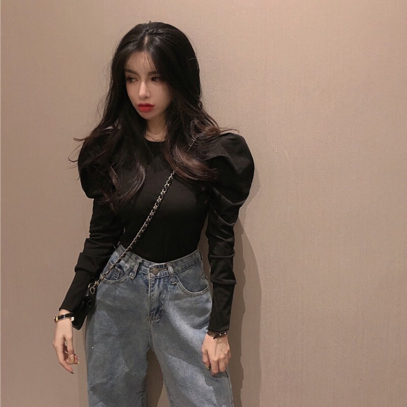 Áo Thun Dài Tay, Tay Bồng Cổ Tròn, dáng ôm sexy co giãn tốt