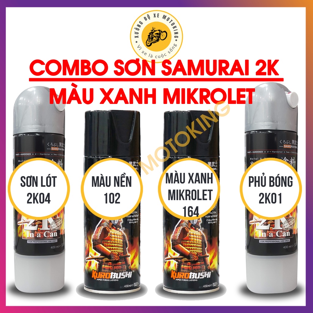 Combo Sơn Samurai màu xanh Mikrolet 164 loại 2K chuẩn quy trình độ bền 5 năm gồm 4 chai 2K04 - 102 - 164 - 2K01