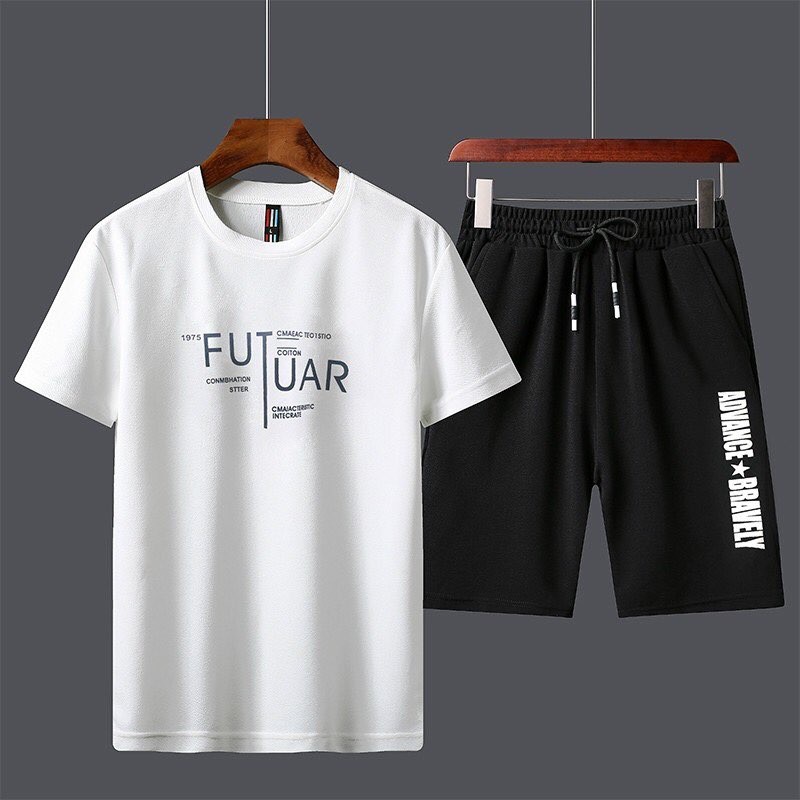 Combo Set Bộ Đồ Mùa Hè Áo Thun Nam Tay Ngắn Cổ Tròn Họa Tiết Chữ Phối Quần Short Đùi Cạp Chun Phong Cách Trẻ TrunG
