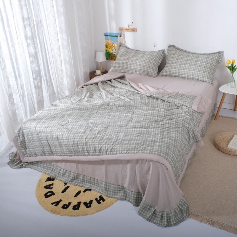 Bộ chăn ga gối Cotton Đũi chăn chần bông mùa hè MÂY BEDDING