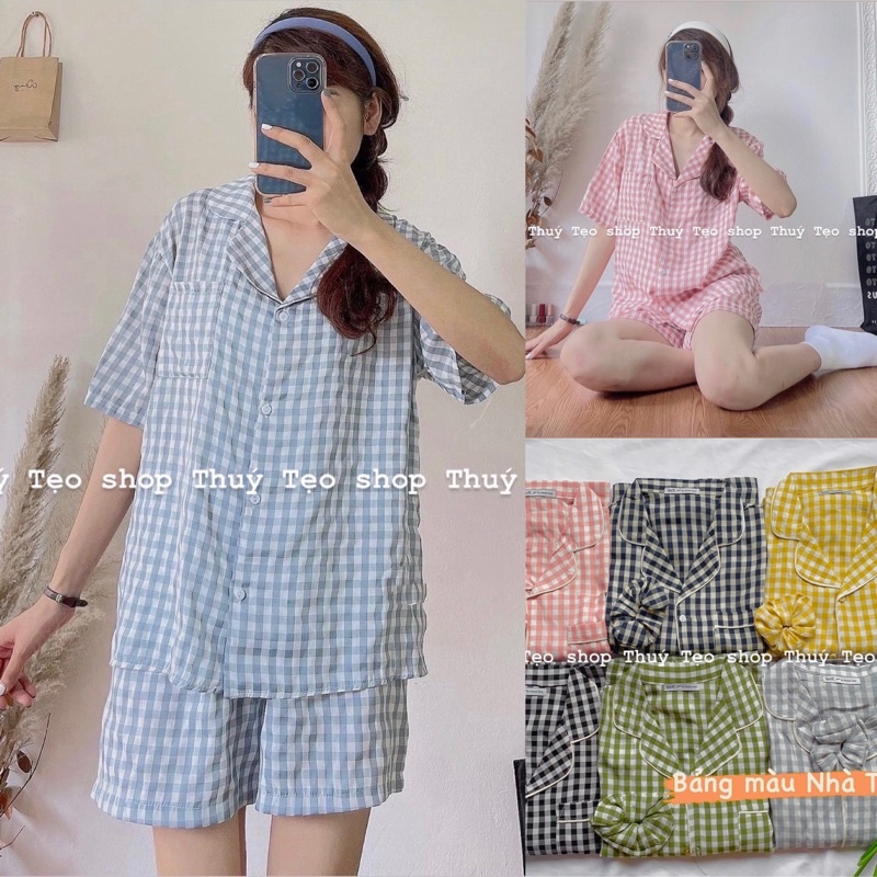 BỘ PIJAMA KẺ CARO CỘC TAY QUẦN ĐÙI - Bộ pijama kẻ mặc nhà