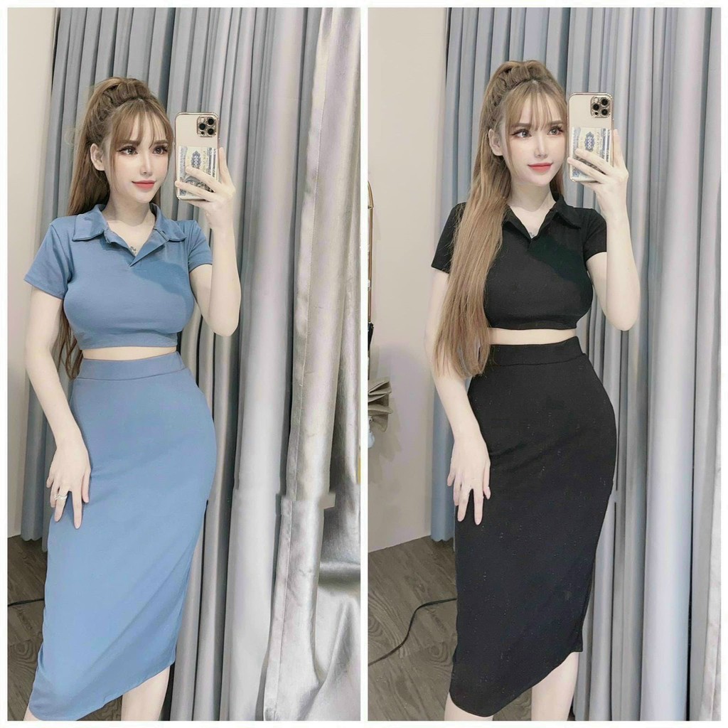 Sét bộ áo croptop cổ bẻ trơn phối chân váy dài body hot hit , chất thun bozip mềm mịn