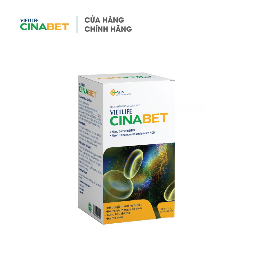 [Mã BMLT35] [CHÍNH HÃNG] Vietlife Cinabet 30 viên - Đột phá nano dược liệu hỗ trợ giảm mỡ máu, đường huyết