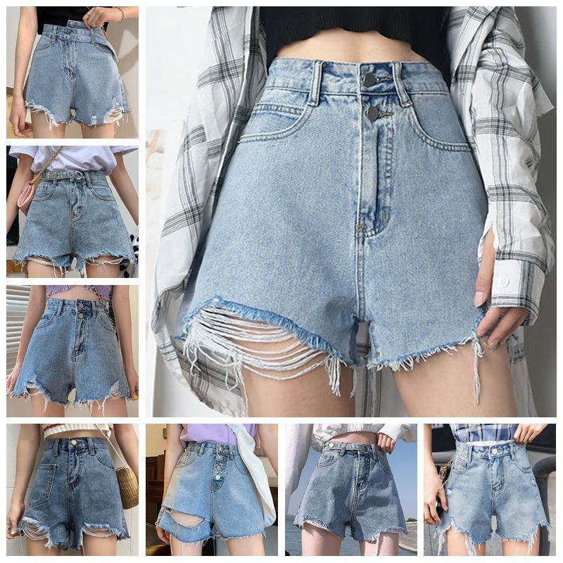 Denim Shorts Women's Summer New Korean Style High Waist Slimming and Wide Leg Raw Hem Jeans