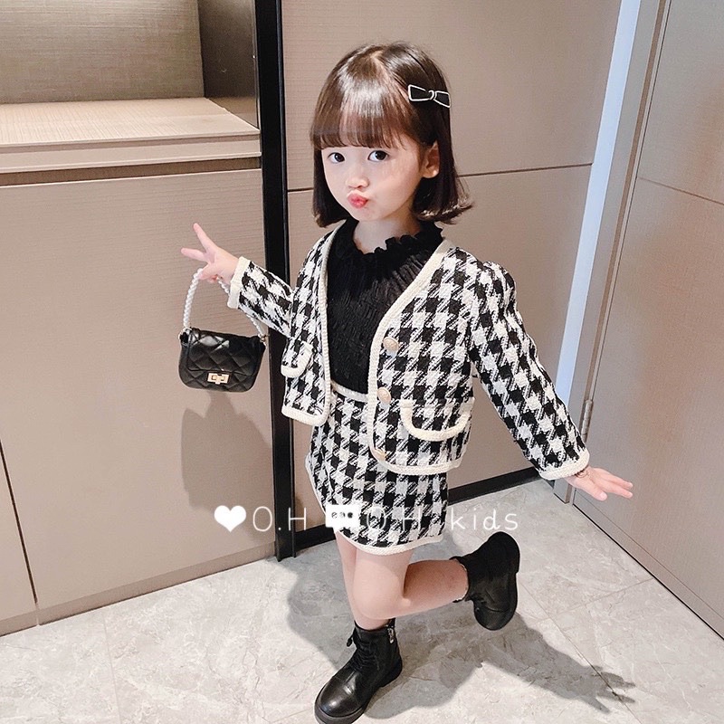 Set Áo Khoác Dạ Kèm Chân Váy Dạ Cho Bé Gái Size Đại Mùa Thu Đông