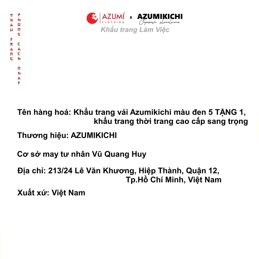 Khẩu trang vải Azumikichi màu đen 5 TẶNG 1, khẩu trang thời trang cao cấp sang trọng