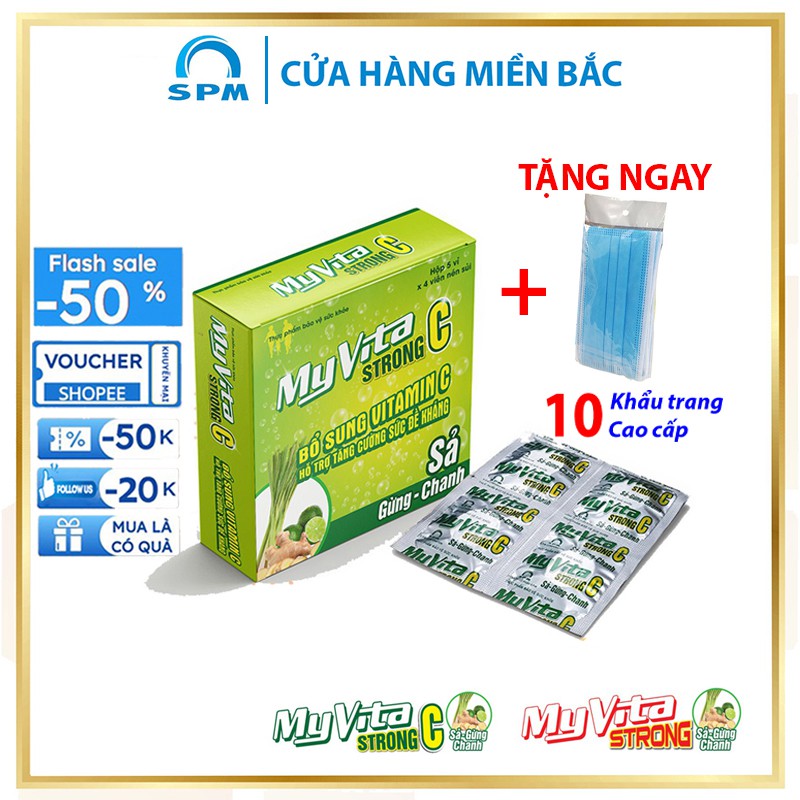 Viên C sủi vitamin Myvita Strong C (Sả - Gừng - Chanh) - Hộp 20 viên - Bổ sung vitamin C, Hỗ trợ tăn