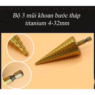 Bộ 3 mũi khoan tháp HSS phủ titan 4-32mm, Bộ khoan nón, Bộ 3 mũi khoan tầng, Bộ 3 mũi khoan bước