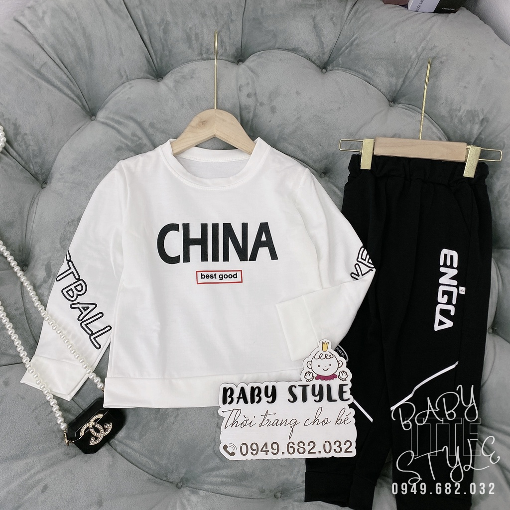 Bộ quần áo thu đông dài tay &quot;CH!NA&quot; 14-45kg cho bé trai 4-14 tuổi. Thiết kế năng động. Vải da cá dày dặn. B36