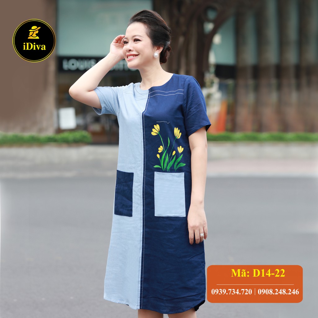 Đầm suông trung niên Cao Cấp iDiva D14-22 chất liệu Linen cao cấp mềm, hoa vẽ ,bigsize phù hợp u50 dự tiệc & dạo phố