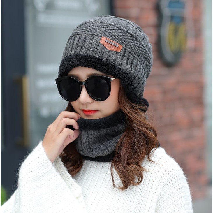 Mũ len nam nữ kèm khăn quàng cổ YUDA nón len trùm đầu mùa đông cho bé trai gái #3