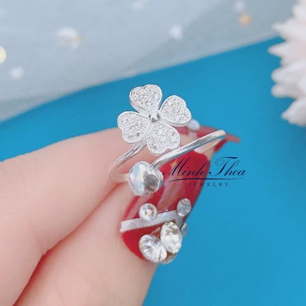 Nhẫn bạc nữ đẹp, nhẫn nữ bạc 925 hình cỏ 4 lá đính đá trang sức Minh Thoa JEWELRY