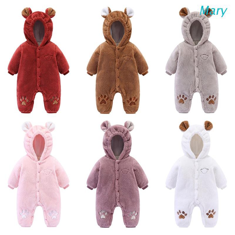 Mary Newborn Baby Winter Long Sleeve Solid Color Warm Fuzzy Hooded Romper Jumpsuit