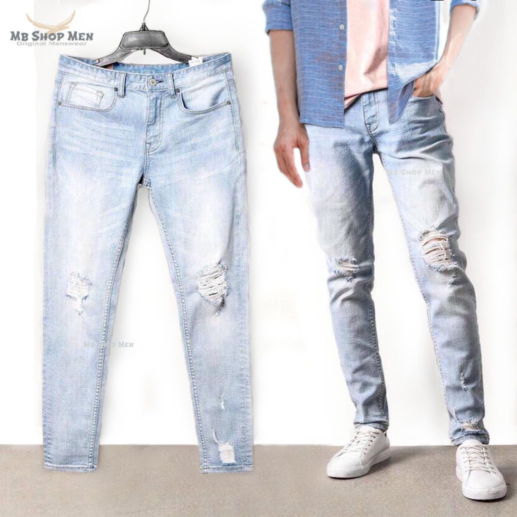 Quần jean nam rách gối xanh nhạt hàng việt nam xuất khẩu, quần bò nam rẻ đẹp jean co giãn giặt không bay màu