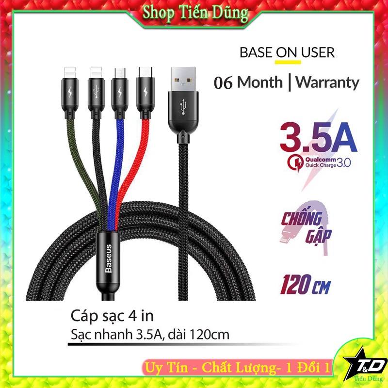 Cáp sạc Baseus và truyền dữ liệu tốc độ cao 4 cổng sạc Baseus Rapid Series 4 in 1 Cable (type-c,micro,2 x chân L )