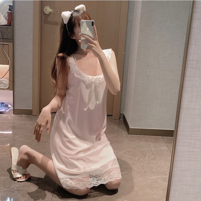Jiashucheng Đầm Ngủ Hai Dây Phối Ren Mỏng Có Đệm Ngực Gợi Cảm Mặc Ở Nhà / Ngoài Trời