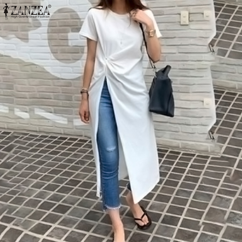 Áo thun ZANZEA tay ngắn xẻ tà thời trang cá tính cho nữ