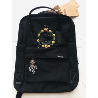 Balo Kanken Unisex Màu Đen Quai Da Đen Thêu Theo Yêu Cầu