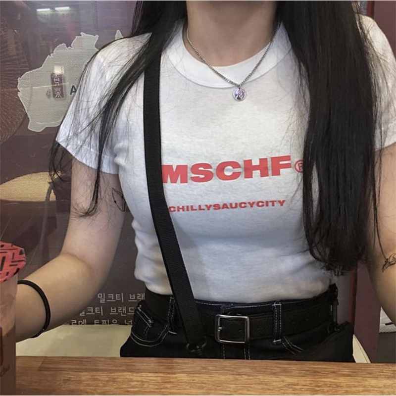 DUNEA Áo Thun Nữ Ngắn Tay In Chữ MSCHF Thời Trang