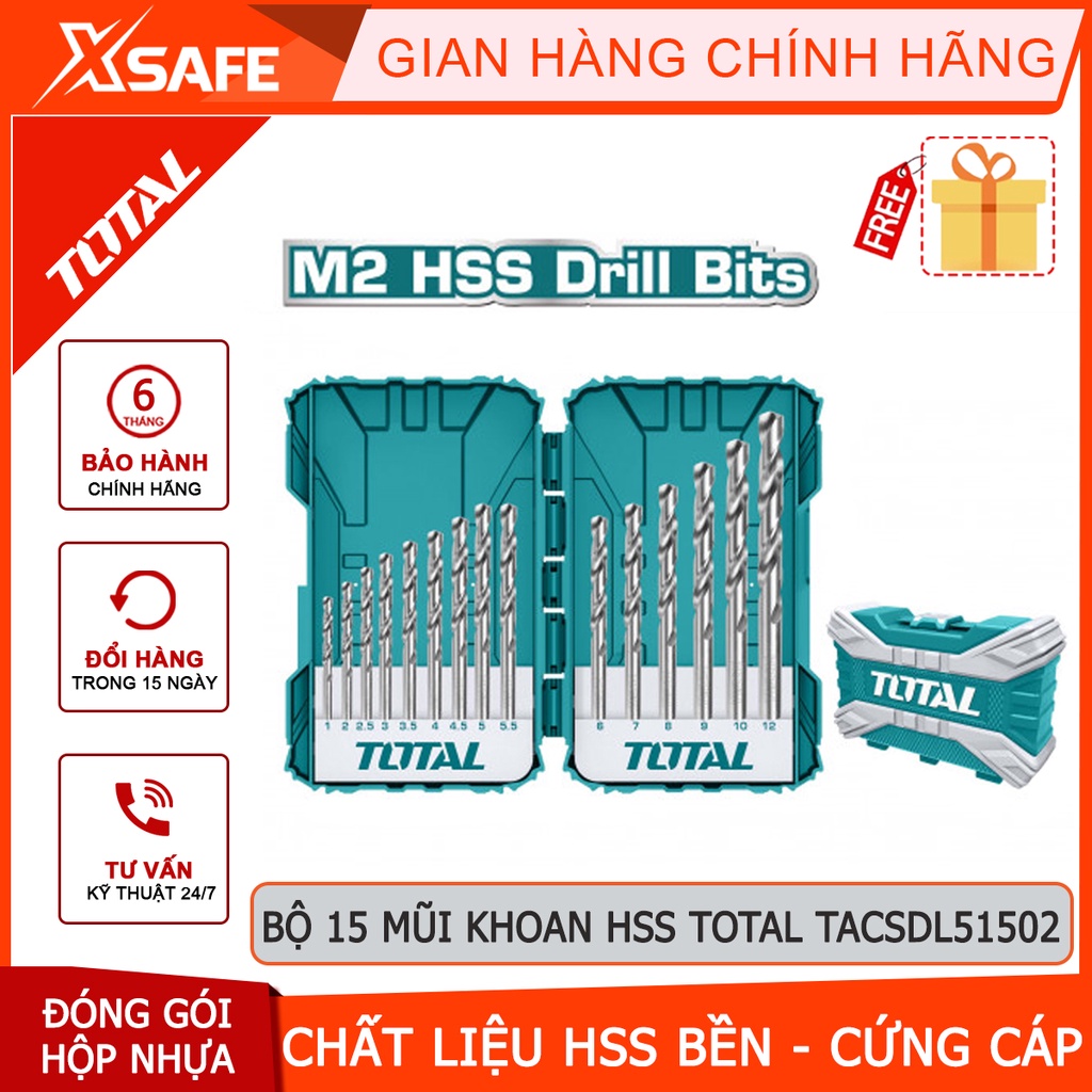 Bộ 15 mũi khoan đa năng TOTAL TACSDL51502 chất liệu HSS cứng cáp, đa kích thước từ 1-12mm, dùng khoan gỗ, kim loại