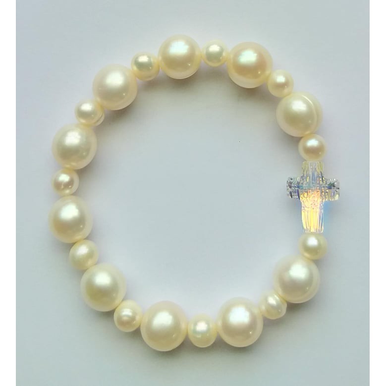 Chuỗi Mân côi tràng chuỗi đeo tay 10 hạt NT nuoi Phu Quoc kết hợp Thánh Giá đá pha lê 10mm