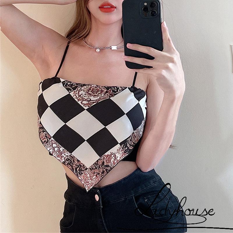 Ldd-áo Croptop Hai Dây Không Tay Họa Tiết Sọc Caro Phong Cách Florid Kerchief Thời Trang Xuân Hè Dành Cho Nữ
