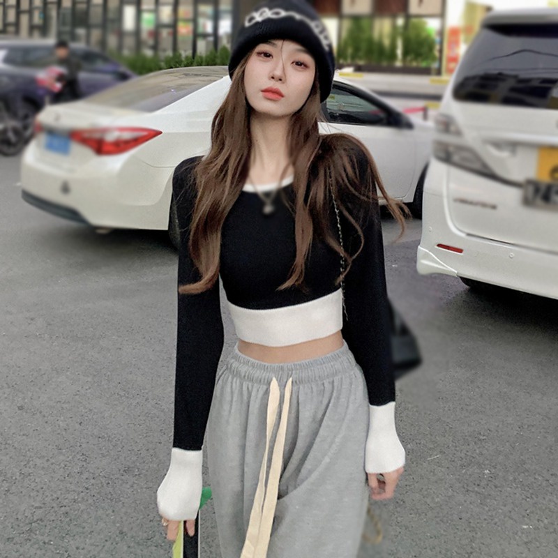 Áo Croptop Dệt Kim Tay Dài Cổ Thuyền Màu Sắc Quyến Rũ Thời Trang Cho Nữ