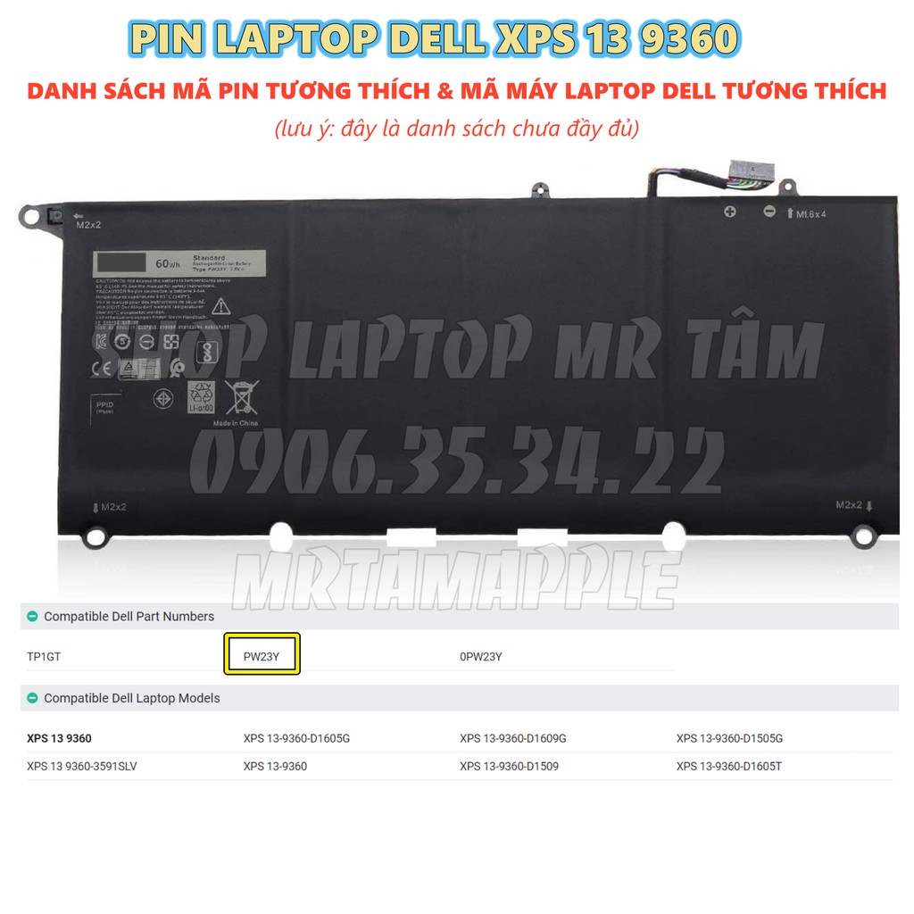 Pin Laptop DELL XPS 13 9360 60WH (ZIN) - 6 CELL - XPS 13 9360, PW23Y, 0PW23Y, TP1GT, RNP72, 0RNP72