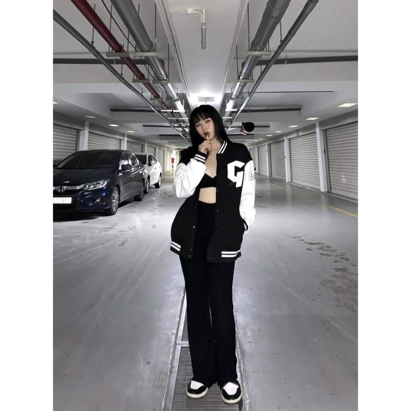 Áo Khoác Bomber Nỉ Chữ G Tay Bồng Bo Dệt Dáng Unisex Nam Nữ