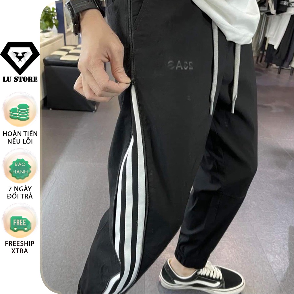Quần jogger nam nữ unisex 3 sọc kéo khóa thành quần trơn 2 trong 1 chất gió lụa LU STORE