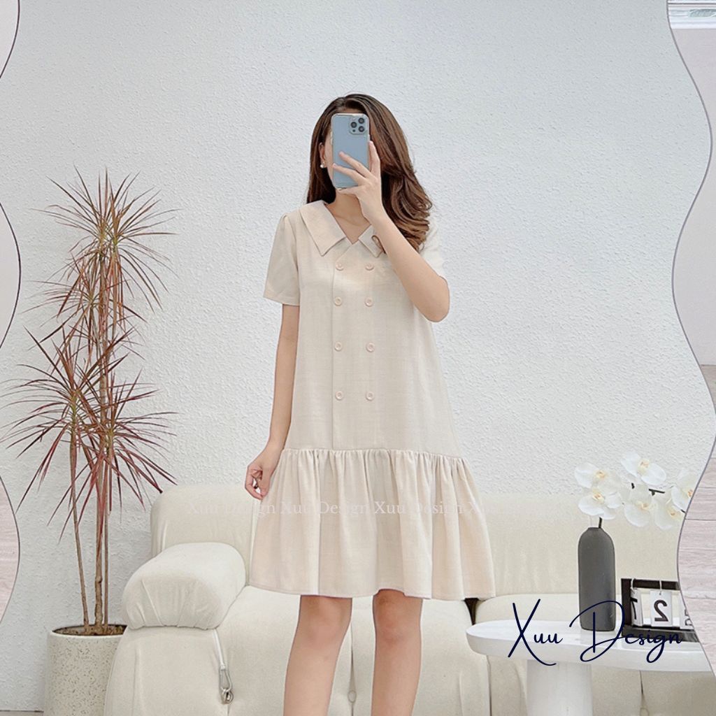 Đầm nữ thiết kế dáng babydoll XUU tay ngắn phối cúc vải tơ hàn cao cấp thời trang thanh lịch- V14