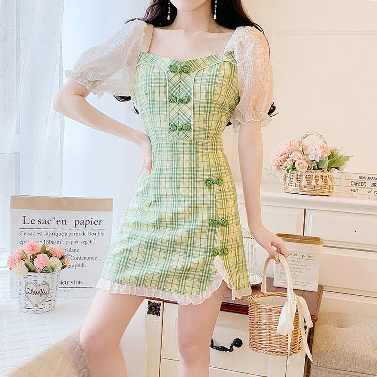 Women Cheongsam Chiffon Stitching Plaid Sweet Small dress | BigBuy360 - bigbuy360.vn