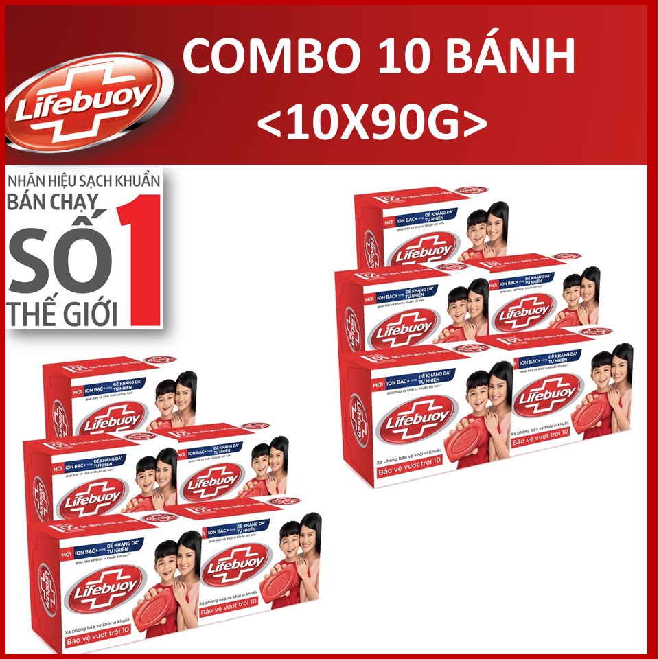 COMBO 10 Xà bông cục Lifebuoy Bảo vệ vượt trội 10 (Đỏ) 90gX10 viên