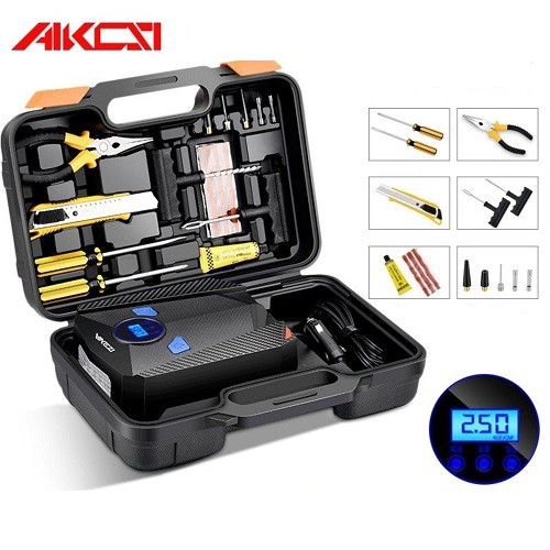 Bơm lốp ô tô, bơm lốp xe hơi điện tử AIKESI (KÈM HỘP CÔNG CỤ CỨU HỘ LỐP)