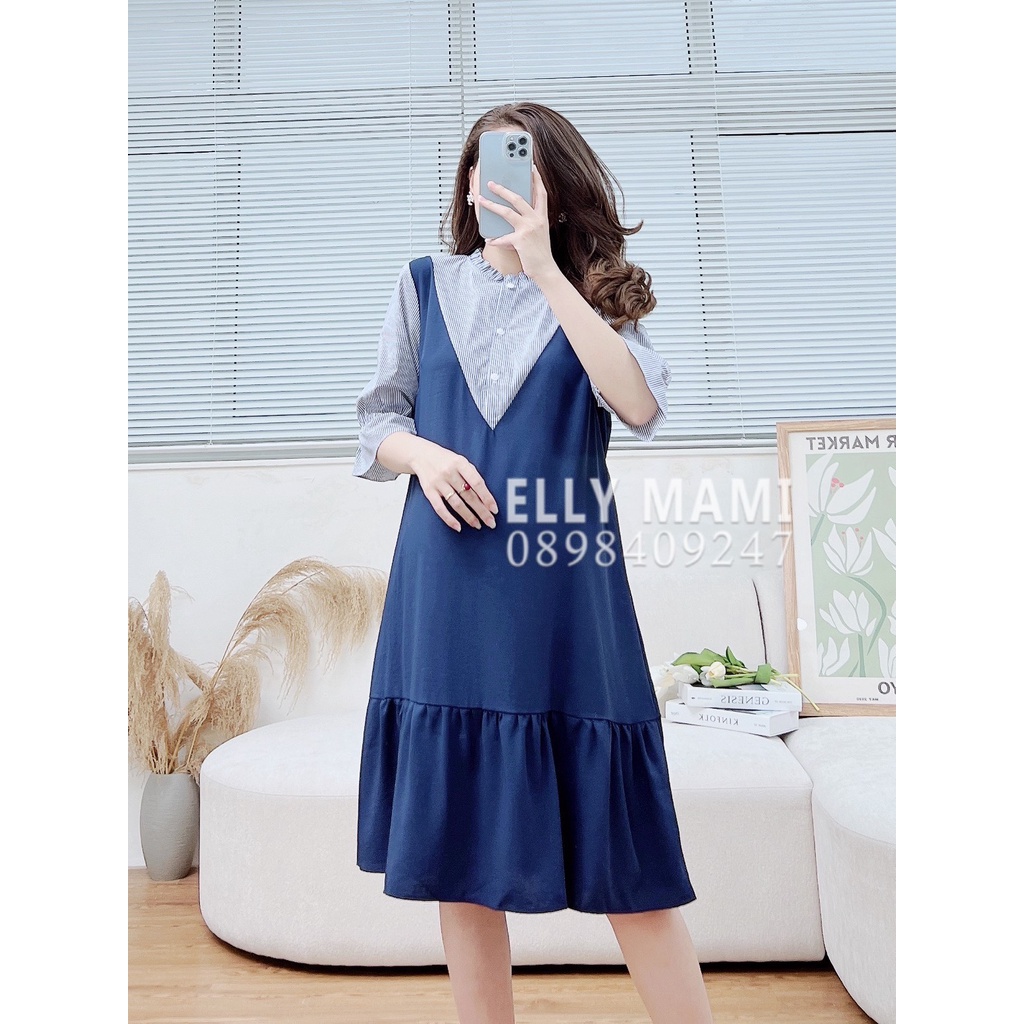 ( 40kg - 110kg )[ Cúc Mở Bé Ti ] Đầm Bầu , Suông Pha Kẻ Cổ Bèo Túi Sườn Mặc Thoải Mái Suốt Thai Kì &amp; Sau Sinh Thiết Kế