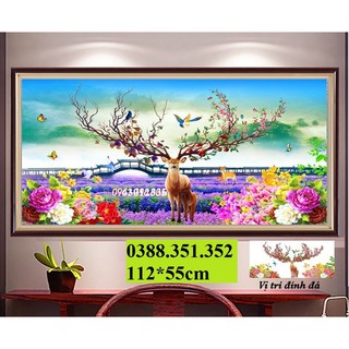 tranh đính đá cao cấp tuần lộc giàu sang phú quý kt 112x55cm dạng phôi