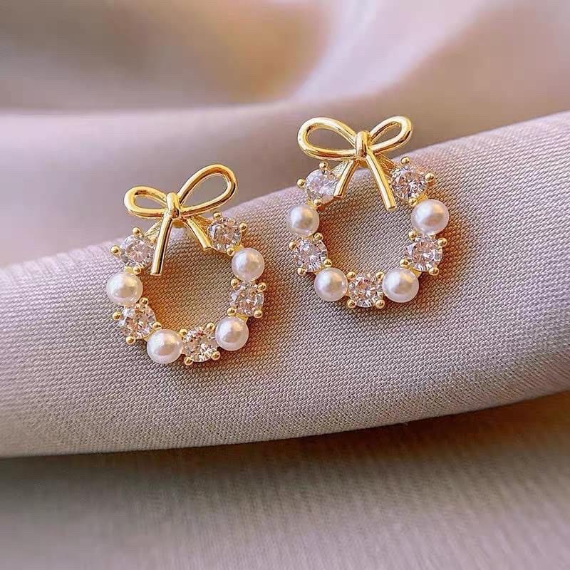 Bông tai nơ vòng đính hạt ngọc phong cách Hàn Quốc siêu xinh shop Phụ Kiện Tiên Tiên