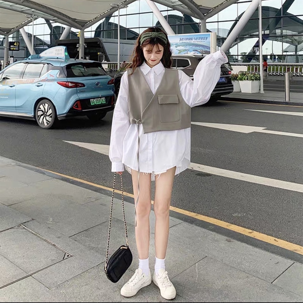 Áo sơ mi Hàn Quốc, Áo sơ mi dáng rộng và yếm gile thắt chéo Ulzzang