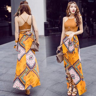 (CÓ SẴN) Set croptop nấu, chân váy vàng quấn boho