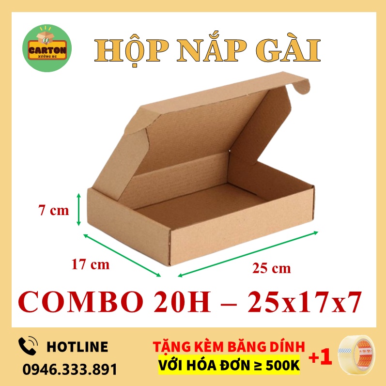 (25x17x7) 20 Hộp Carton Nắp Gài, Hộp Đựng Quà, Đựng Quần Áo, Phụ Kiện 3 lớp Sóng E