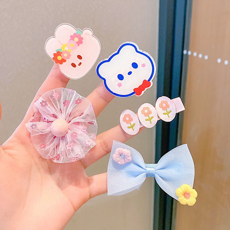 Kẹp Tóc Hình Nơ Phối Ren Hoa Dễ Thương Cho Bé Gái
