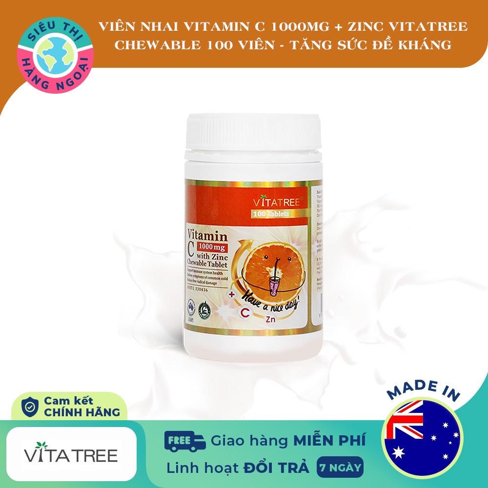 Viên nhai Vitamin C 1000mg with Zinc Chewable Tablet Vitatree Exp2024[Tăng cường hệ thống miễn dịch, sức đề kháng]