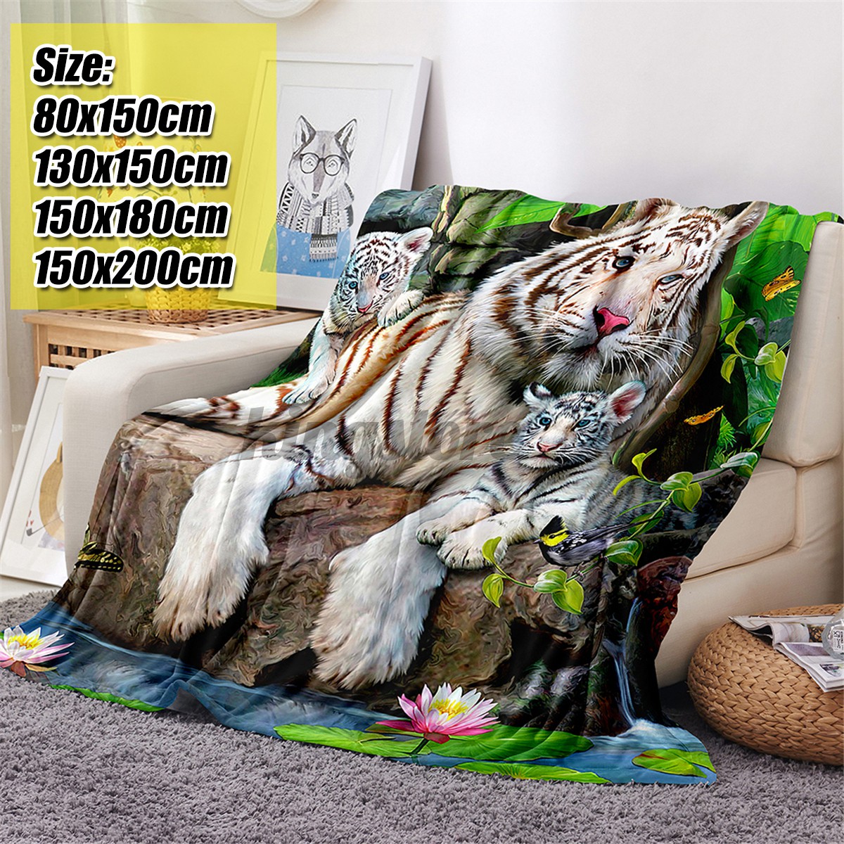 200x150cm Fashion 3D Tiger Printing Plush Fleece Blanket Quilts Bedding Home Office Washable Blanket